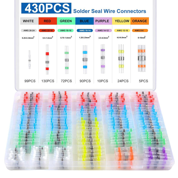 430PCS Solder Seal Wire Connectors, Durable Heat Shrink Butt Wire Connectors for Motorcycle, Automotive, Marine