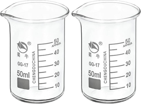 PATIKIL 50ml Tall Form Glass Beaker, 2 Pack 3.3 Borosilicate Glass Graduated Measuring Cups with Spout