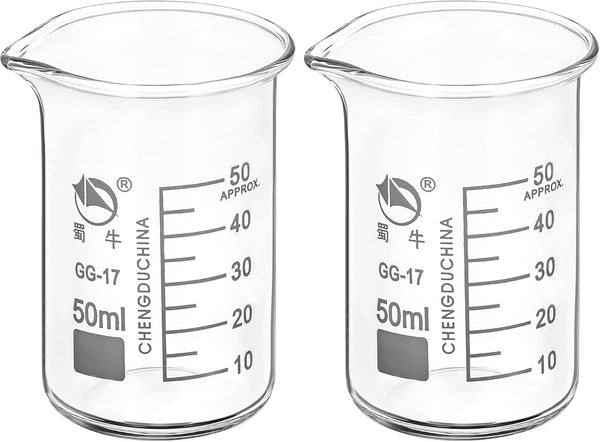 PATIKIL 50ml Tall Form Glass Beaker, 2 Pack 3.3 Borosilicate Glass Graduated Measuring Cups with Spout