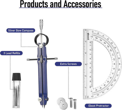 EBOOT Student Geometry Math Set, Drawing Compass and 6 Inch Clear Swing Arm Protractors for 180 Degree (Blue)