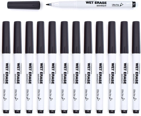 TWOHANDS Wet Erase Markers, Ultra Fine Tip 0.7mm, Low Odor Black Whiteboard Markers for Planning