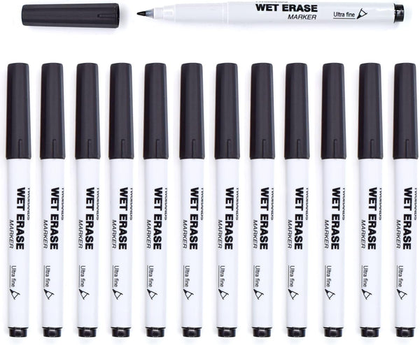 TWOHANDS Wet Erase Markers, Ultra Fine Tip 0.7mm, Low Odor Black Whiteboard Markers for Planning