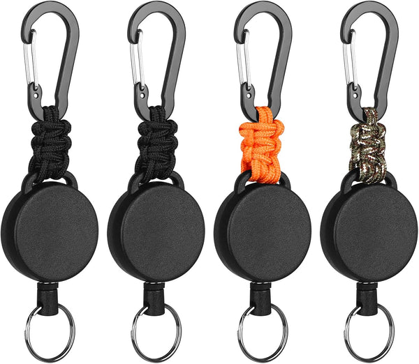 Heavy Duty Retractable Keychain, Carabiner Badge Holder, Steel Retractable Cord and Paracord, 4 Pack