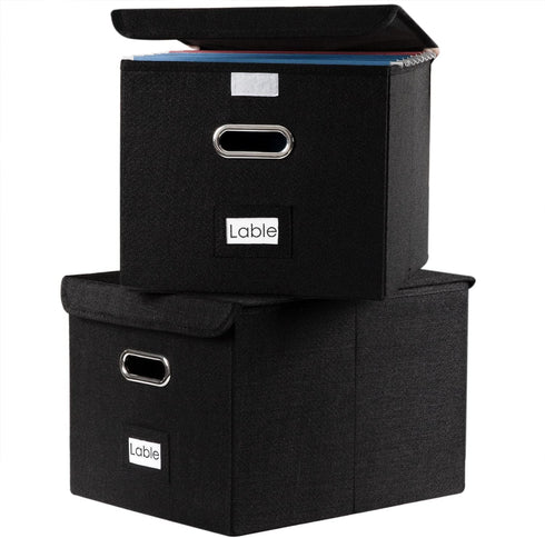 PRANDOM File Organizer Box - Set of 2 Collapsible Decorative Linen Storage with Lids for Office Cabinet (Black)