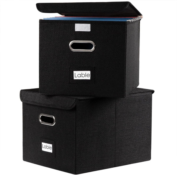 PRANDOM File Organizer Box - Set of 2 Collapsible Decorative Linen Storage with Lids for Office Cabinet (Black)