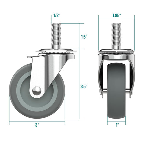 Caster Wheels 3 inch with No Brake Stem Casters, 1/2" -13 x 1-1/2" (Stem Diameter 1/2", Stem Length 1-1/2") Threaded Swivel Casters Set of 4 Heavy Duty Castors Grey