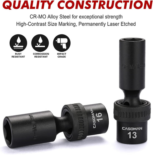 10 3/8" Set, 6 Metric,10-19mm CASOMAN PCS Drive Deep Standard Universal Impact Socket Point, CR-MO