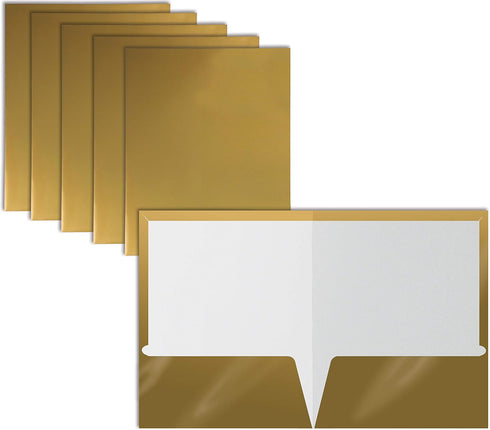 Better Office Products 2 Pocket Glossy Laminated Metallic Gold Paper Folders, Letter Size, 25 Pack