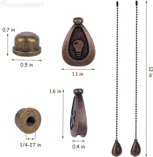 8 Pack 12 inch 1/4-27 Framendino, Bronzed Ceiling Fan Pull Chain Extension Classic Drop Shaped Pendant Decorative Knob