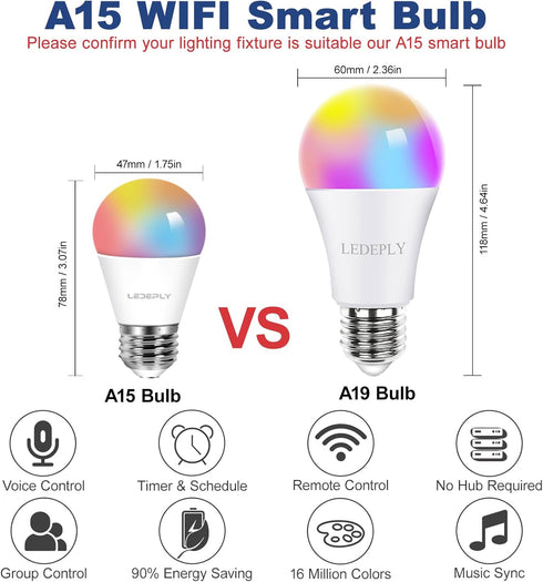 5W=40W, A15 Smart Bulb, Compatible with Alexa, Google Home, E26, Color Changing, Dimmable LED WiFi Light Bulbs, No Hub Required, 1 Pack by LEDEPLY