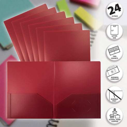 Better Office Products Heavyweight Burgundy Plastic 2 Pocket Portfolio Folder, Letter Size, 24 Pack, Burgundy Red