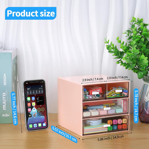 LETURE Desk Organizer with 4 Drawers, Clear Plastic Storage Box for Office Supplies, Gel Pens, Pencils, Pink