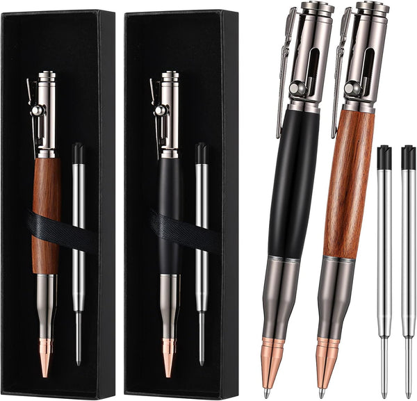 Chinco 2 Pieces Bolt Action Wood Ballpoint Pens, Solid Brass Bullet Shaped Pen with 2 Refills, Black Ink (Black, Brown)