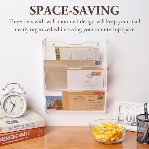 MyGift Wall Mounted 3 Tier Clear Acrylic Letter Rack, Mail Organizer for Office and Entryway, Vertical Storage Rack