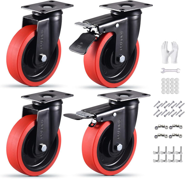 Heavy Duty TPR Rubber Wheels, 5 Inch Locking Caster Wheels Set of 4, 3000Lbs Load Capacity for Industrial Carts