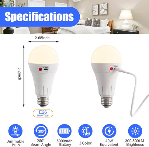Cordless Rechargeable Battery Operated Light Bulbs with Remote, 1 Pack E26 Wireless LED Battery Powered Light Bulb for Non-Hardwired Lamps, 500LM, 3 Color Temperatures, Dimmable, Timer by Powfloven