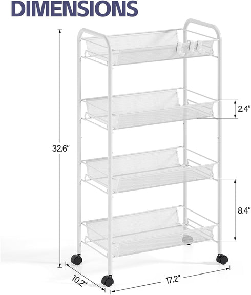 4-Tier 3 SYKIARIOL Metal Utility Cart, Mesh Wire Rolling Cart on Wheel, Storage Trolley with Easy Assembly, Organizer