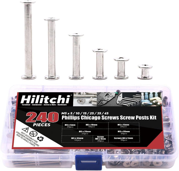 Hilitchi 240-Pcs(120 Pair) M5 Phillips Chicago Binding Screws Assortment Kit for Scrapbook Photo Albums