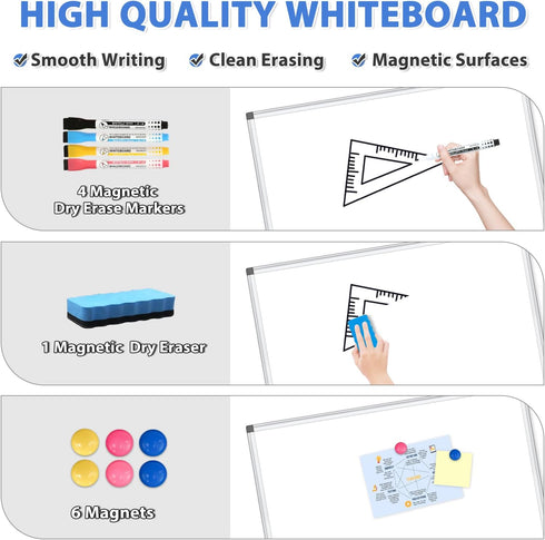 WALGLASS Magnetic White Board, 36" x 24" Double-Sided Dry Erase Board for Wall, Horizontal or Vertical, Silver