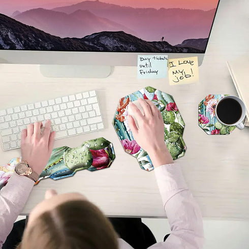 Cactus Succulent Keyboard Wrist Support Pad, Mouse Pad with Matching Coasters, Ergonomic Gel Memory Foam Cushion