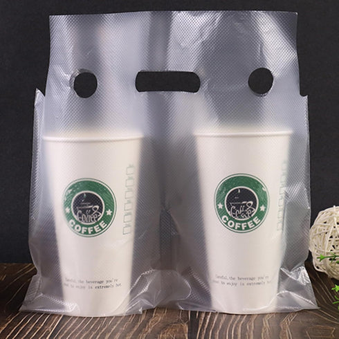 200 Pack Packaging 12" 11" 2 DEAYOU Handle Drinking Poly Bags, Clear Plastic Bags for Delivery, L x H Hanging Hole Cup