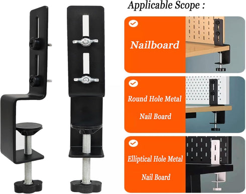 Desk Clamp 2Pcs, Pegboard Fixing Bracket for Desktop Accessories, Metal Organizer Bracket, Black
