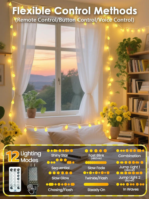2026 43FT 100LED 12 LORRYTE New Connectable Smart Voice Controlled Globe String Lights Indoor Outdoor | Warm White