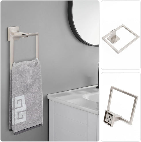 5 Set 304 24" 2 NearMoon Pieces Bathroom Hardware Stainless Steel, Square Towel Rack Kit - Towel Rod + Towel Ring +