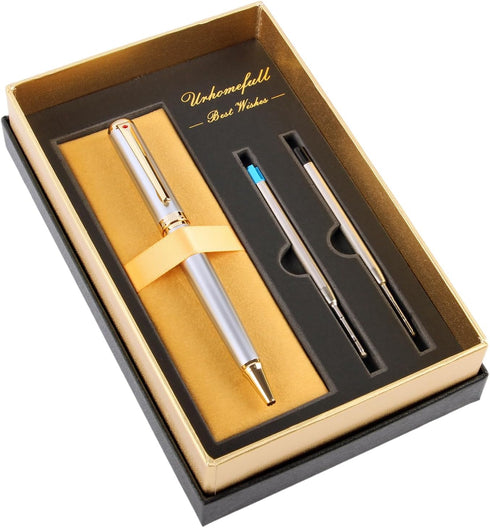 Luxury Ballpoint Pen Gift Set, 24K Gold Trim, Black Ink Refills, Fancy Writing Pens for Men Women, Christmas Silver