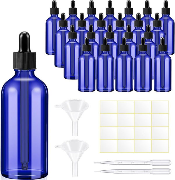 Tessco 20 Pack 3.4 oz Dropper Bottles, Empty Glass Bottles with Dropper Top Cap and Accessories for Oils