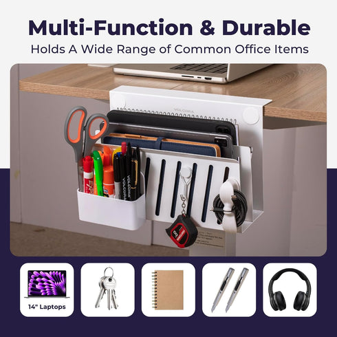 Volcora Desk Side Storage, Under Desk Laptop Holder, No Drill Desk Organizer with Magnetic Pen Box, 2 Tier White