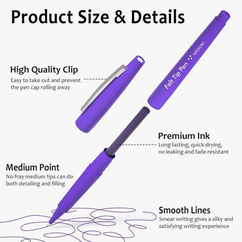 60 0.7mm Lelix Felt Tip Pens, Purple Pens, Medium Point, Felt Tip Markers Pens for Journaling, Writing, Note Taking