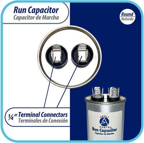 Appli Parts Run Capacitor for AC, 7.5 Mfd uF, 370/450 VAC, CBB65 Round Universal Fit for HVAC, 2-1/2" High, 1-1/2" Wide