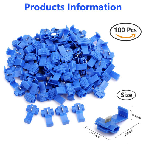 100pcs Solderless Quick Splice Snap Wire Connectors, 18-14 AWG Splice Connector, Blue Cold Pressed Insulated