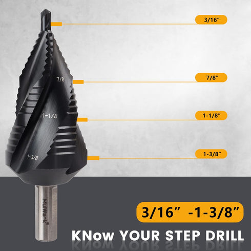 MulWark Four Spiral Flute Cobalt Step Drill Bit Set with Automatic Center Punch, Industrial Grade Coated Step Bits