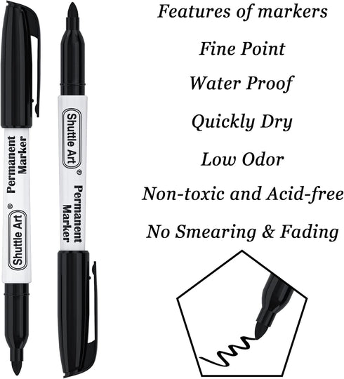 Shuttle Art Permanent Markers, 50 Pack Black Fine Point, Works on Plastic, Wood, Stone, Metal, Glass for Marking