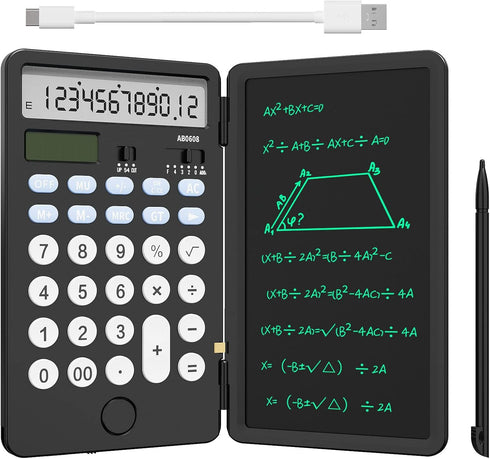 Portable Calculator with Notepad, 12 Digits Large Display, Rechargeable Solar Power for Office, School (Black)