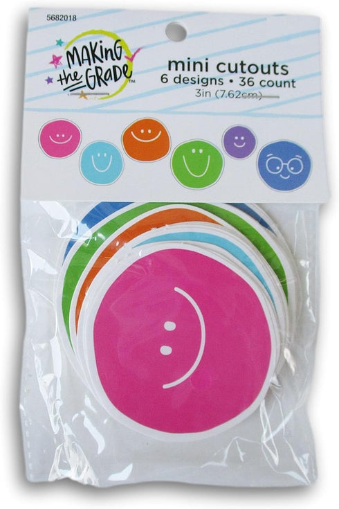 Smiley Face Mini Print Paper Cutout Student Badge - Bulletin Board Decor Shapes, 36 Pieces