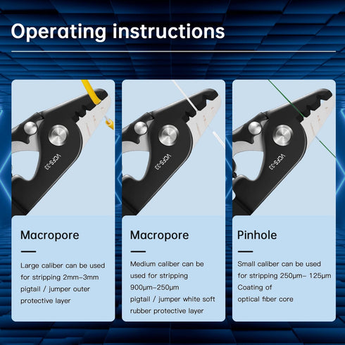 VCFS-33 Fiber Optic Stripping Tool, 3 Port Hole with 6" Handle - Hex Key Adjustable for Jacket, Buffer, Coating