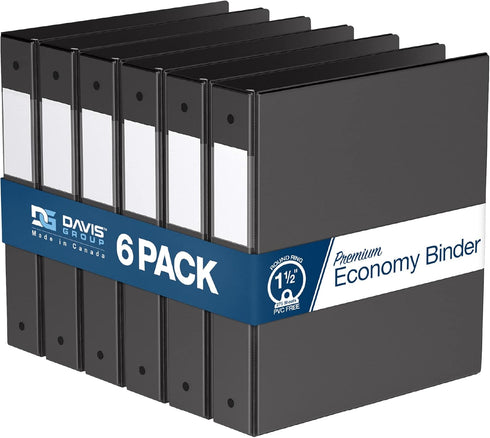 Premium Economy 1.5-Inch 3-Ring Binders, Colored Binder Notebooks, Pack of 6, Round Ring, Black
