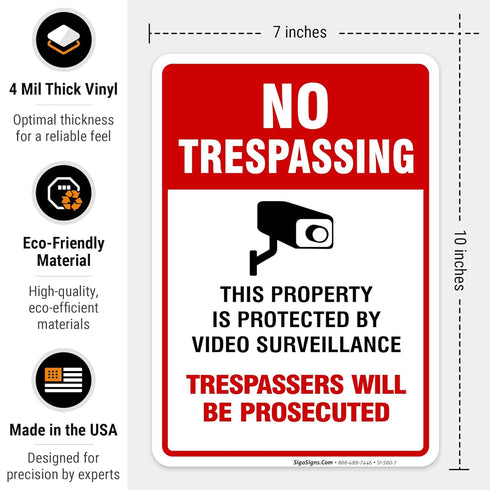 Video Surveillance No Trespassing Sign - CCTV Security Camera (2 Pack) 10x7 Inches, Weather Resistant Vinyl Decal