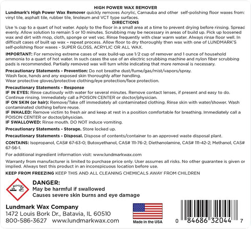 Commercial 1-Gallon, 3204G01-2 Lundmark High Power Wax Remover, Strength Floor Wax Stripper