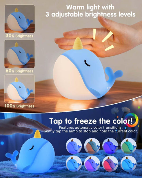 30-Min Fuloon Narwhal Night Light with Whale Shape, Squishy Silicone Kids Lamp, Safe & Soothing Touch Control for Kids
