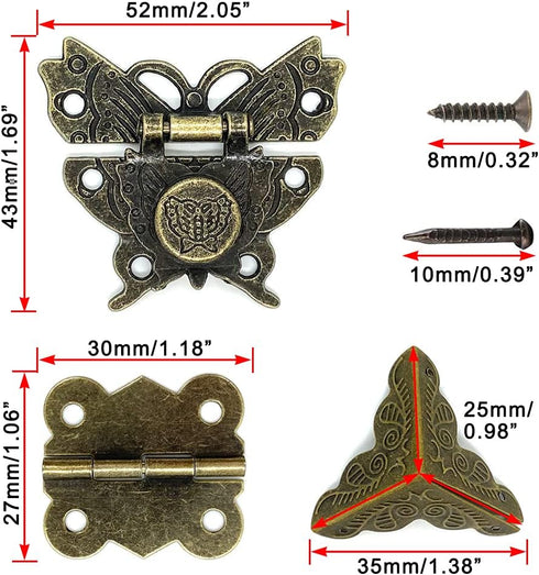 2 Sets Antique Wood Case Chest Box Hasp Latch Lock Retro Decorative Hinges and Box Corner Protectors with Screws Hardware Kit for Jewelry Box Decoration and Repair Wooden Small Box (Butterfly-Shape) by QINIZX