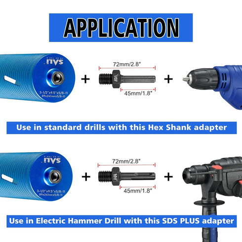 SALI 2PCS Core Drill Bit Adapter, 5/8"-11 Thread Male to 3/8" SDS Plus Shank for Diamond Hole Saw
