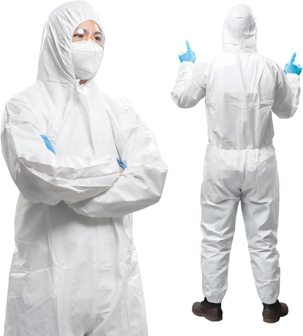 AMZ Medical Supply White Disposable Coveralls with Hood, Large. Pack of 5