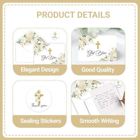 SMUAENSS 24 Pack Communion Christian Thank You Cards, Watercolor Floral Cross Baptism Thank You Cards with Envelopes
