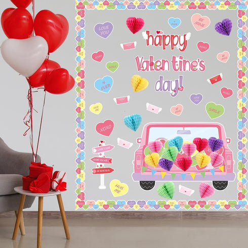 TaoBary 85 Pcs Valentine's Day Bulletin Board Set, 3D Heart Honeycomb Owl Love Truck Cutouts for School Party