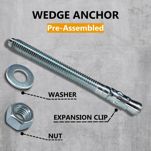 1/4 x 3-3/4'' Wedge Anchor, 1/4 Inch Diameter Heavy Duty Zinc Plated Concrete Wall Anchor, 5 PCs
