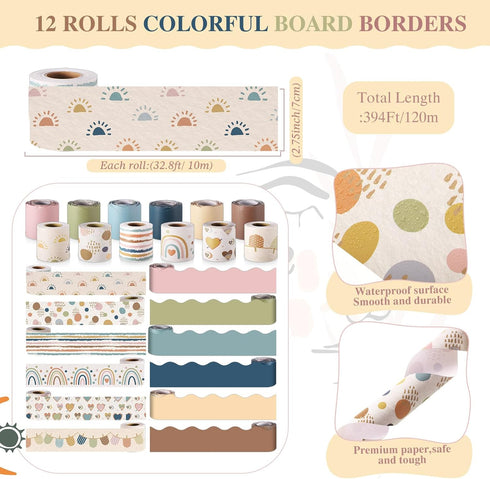 Qilery 12 Rolls 394 ft Classroom Border Sets for Bulletin Board, Scalloped Trim for Office Wall Decoration